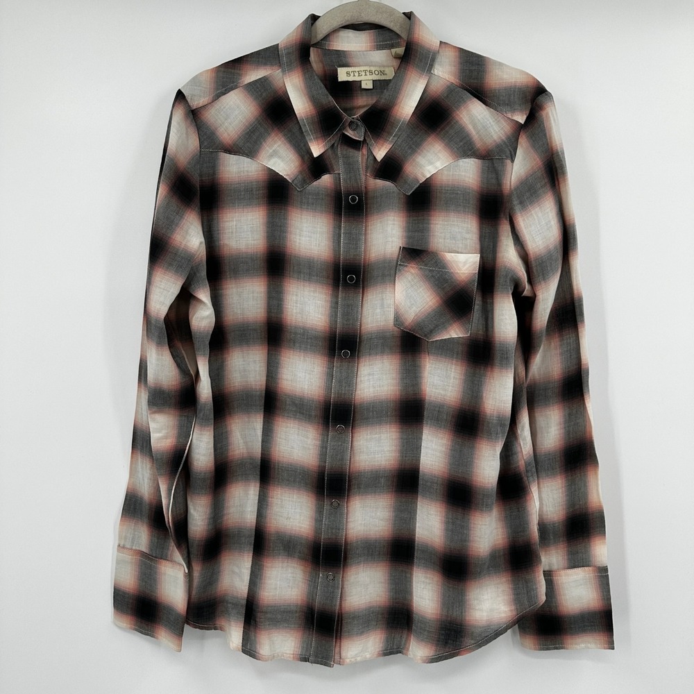 Stetson Womens Plaid Western Snap Front Shirt Cotton Large Cowgirl Ranch Country